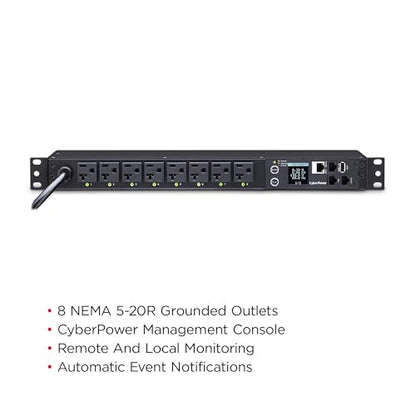 CyberPower PDU41002 Switched PDU, 100-120V/20A (Derated to 15A), 8 Outlets, 1U Rackmount