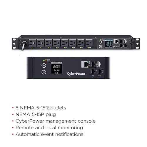 CyberPower PDU41001 Switched PDU, 100-120V/15A (Derated to 12A), 8 Outlets, 1U Rackmount