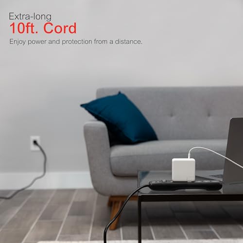 GE Surge Protector Power Strip,10 Ft Extension Cord,6 Outlet Extender,800 Joules,Flat Plug,Twist-to-Close Safety Covers,ETL Listed,Black,54646,2