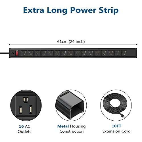 10PCS Metal 16 Outlet Power Strips, Extra Long Power Strip With10ft Cord,Heavy Duty Power Strips Wall Mount, Garage Power Strip with Switch for Work