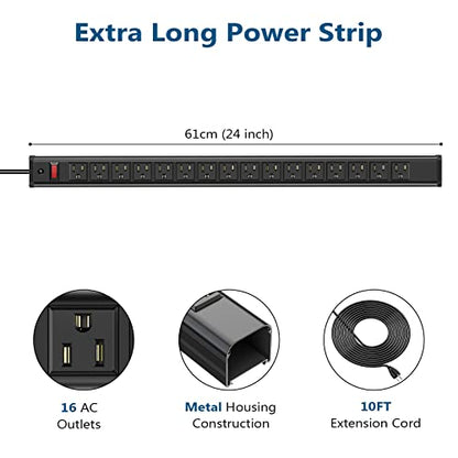 10PCS Metal 16 Outlet Power Strips, Extra Long Power Strip With10ft Cord,Heavy Duty Power Strips Wall Mount, Garage Power Strip with Switch for Work