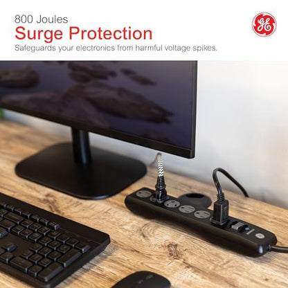 GE Surge Protector Power Strip,10 Ft Extension Cord,6 Outlet Extender,800 Joules,Flat Plug,Twist-to-Close Safety Covers,ETL Listed,Black,54646,2