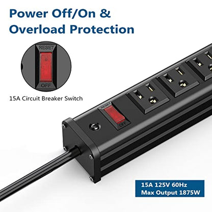 10PCS Metal 16 Outlet Power Strips, Extra Long Power Strip With10ft Cord,Heavy Duty Power Strips Wall Mount, Garage Power Strip with Switch for Work