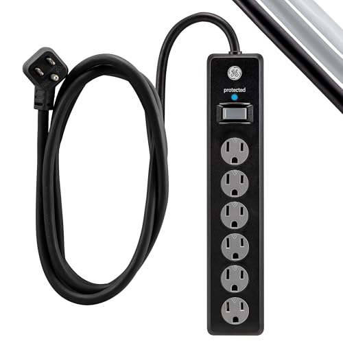 GE Surge Protector Power Strip,10 Ft Extension Cord,6 Outlet Extender,800 Joules,Flat Plug,Twist-to-Close Safety Covers,ETL Listed,Black,54646,2