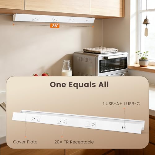 SURAIELEC 2-Pack 36 in Under Cabinet Hardwired Power Strip, Angled Trapezoid Design, 3×20A TR Outlets with USB-A & USB-C, Modular Extension System