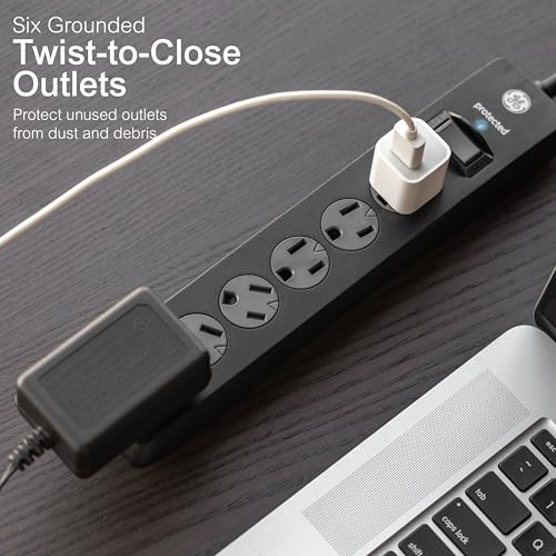 GE Surge Protector Power Strip,10 Ft Extension Cord,6 Outlet Extender,800 Joules,Flat Plug,Twist-to-Close Safety Covers,ETL Listed,Black,54646,2