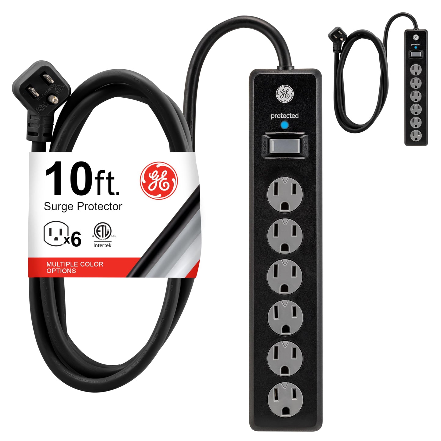 GE Surge Protector Power Strip,10 Ft Extension Cord,6 Outlet Extender,800 Joules,Flat Plug,Twist-to-Close Safety Covers,ETL Listed,Black,54646,2