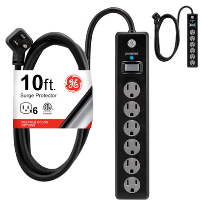 GE Surge Protector Power Strip,10 Ft Extension Cord,6 Outlet Extender,800 Joules,Flat Plug,Twist-to-Close Safety Covers,ETL Listed,Black,54646,2